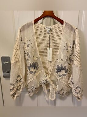 Rachel Zoe Open-Knit Crochet Top in Cream and Navy Embroidery